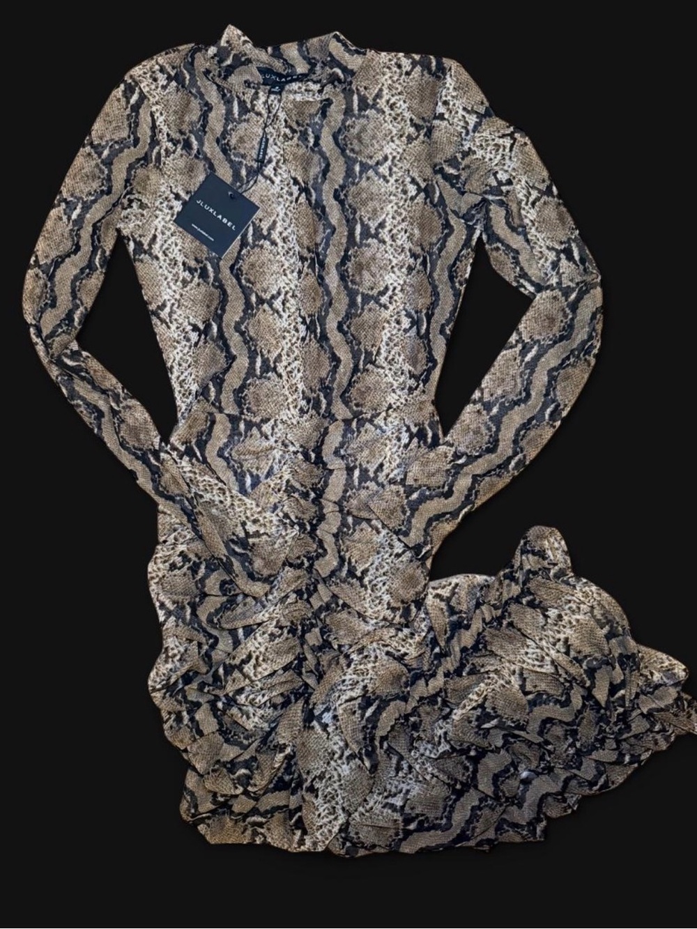 JLUXLABEL Long Sleeve Snake Print Dress in Brown and Black
